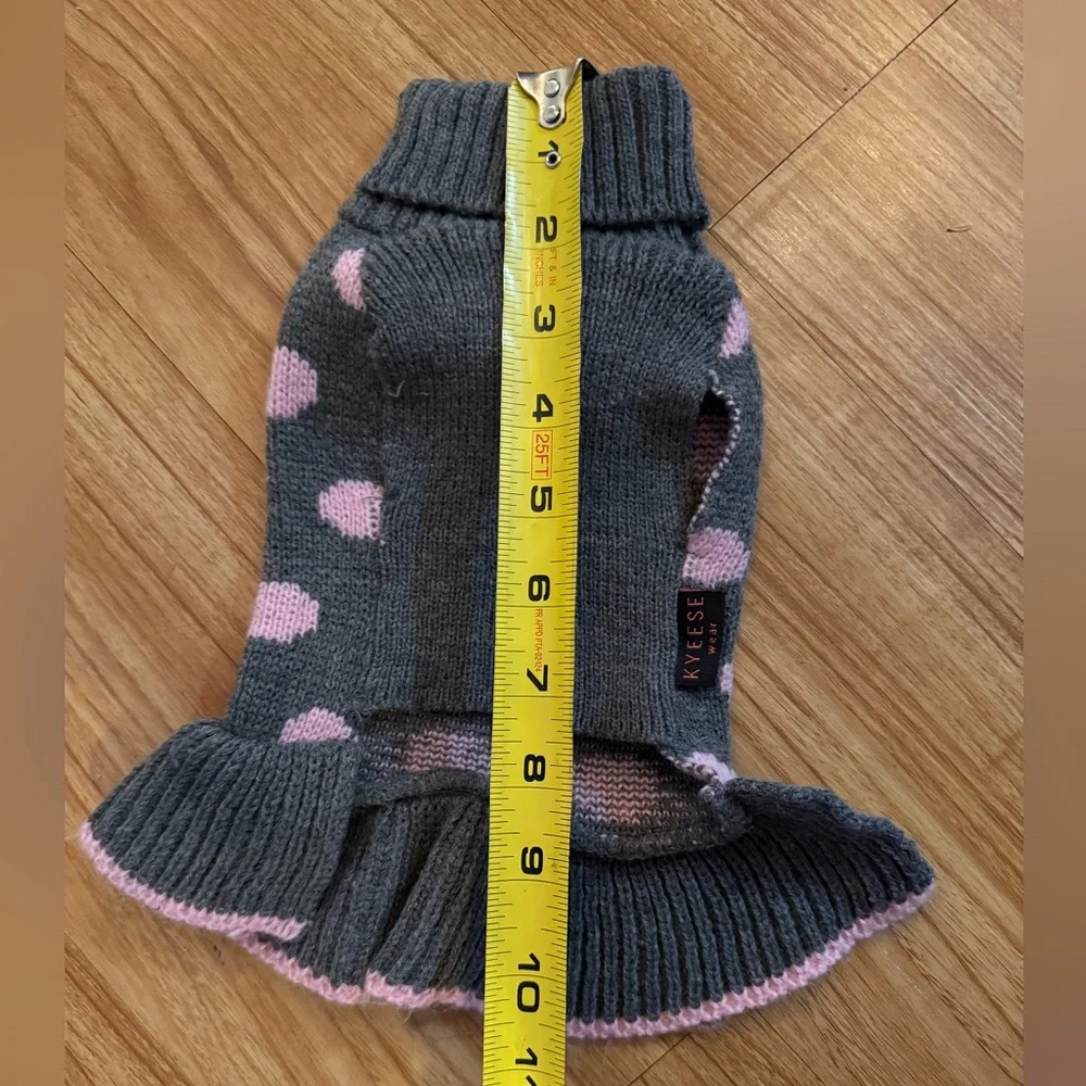 KYEESE Dog Sweater dress Grey/Pink Polka Dot w/ PomPom Size Small